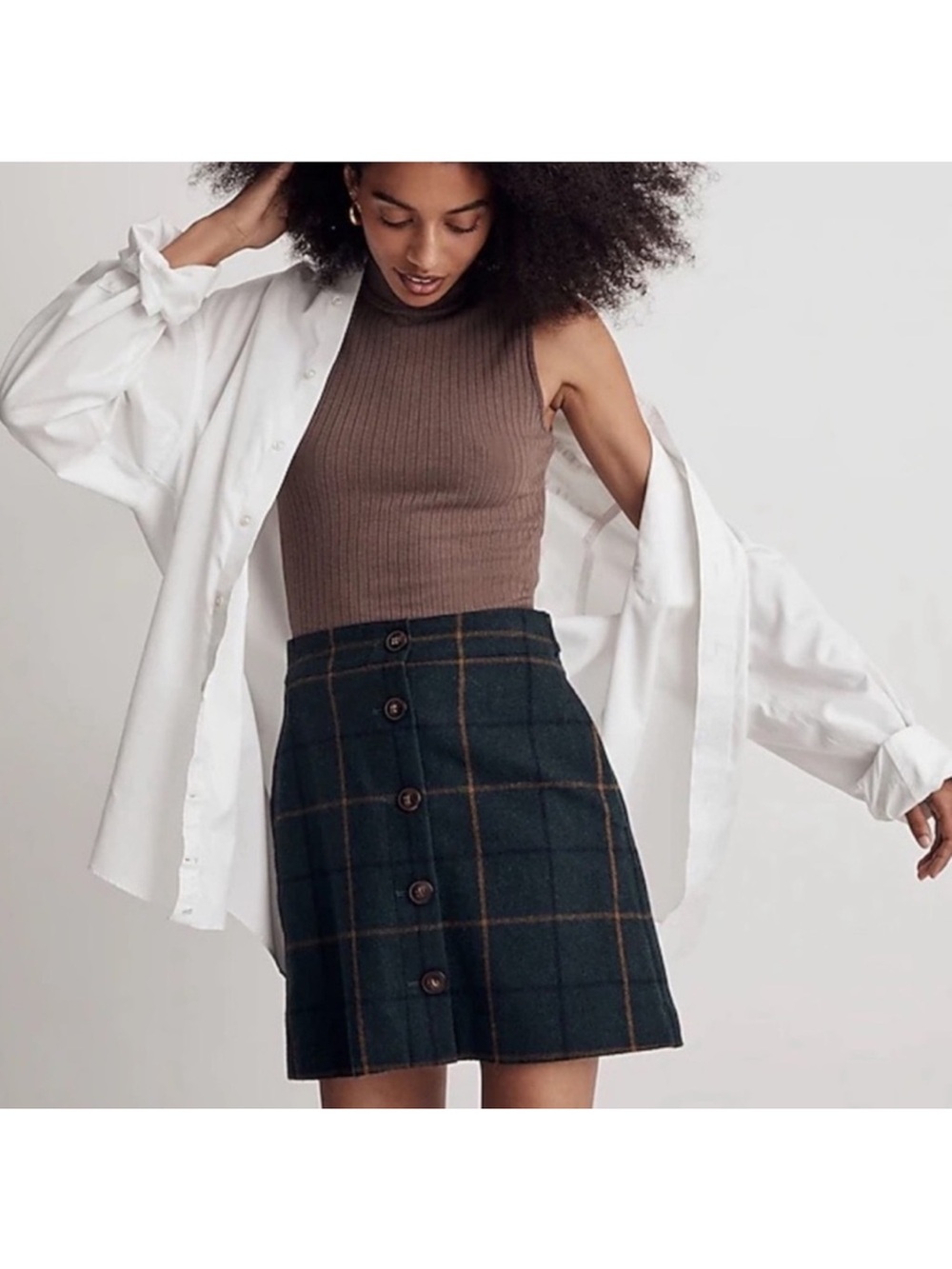 Madewell Button-Front Plaid A-Line Skirt in Dark Green